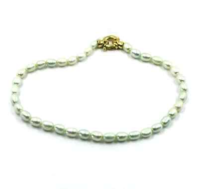 ARMBAND 18K GELBGOLD, OVALE GRÜNE PERLEN SÜSSWASSER REISKÖRNER, 18-20CM