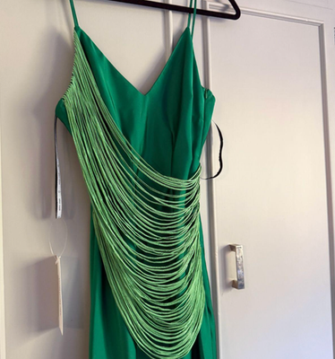 Herv Leger Women's Midi Dress, Green, Silk and Fringe size XXS OG ~895 Herv Leger Women's Midi Dress, Green, Silk and Fringe size XXS OG ~895