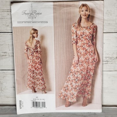 Vogue Sewing Pattern V1502 Tracy Reese Misses Dress Maxi Back V Sizes 6-14 UNCUT