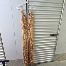 Fashion Nova XL Beige/Rose Gold Mesh Sequin V-Neck Long Gown Slit Zip