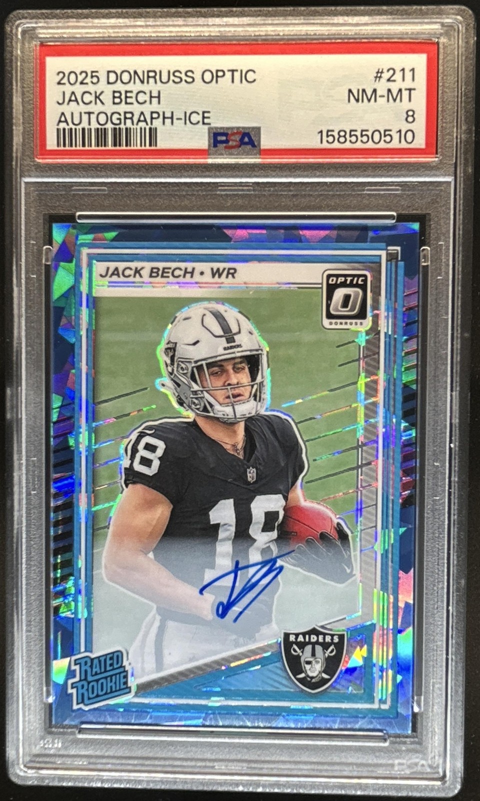 2025 Panini Donruss Optic Jack Bech Rated Rookie RPS Auto Ice Prizm #/25 PSA 8