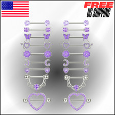 9 Pairs Nipple Rings Stainless Steel Heart Butterfly Moon Flower Purple Tone