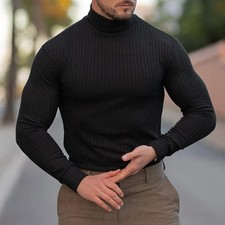 Spring Autumn Classic Black Ribbed Knit Roll Neck Jumper Mens New Fashion Slim F