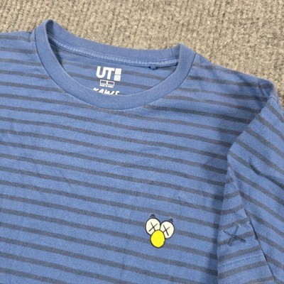 Uniqlo UT KAWS Shirt Mens Small Blue Striped Embroidered Face Graphic Tee