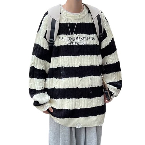 Men Letters Jacquard Oversized Tunic Top Long Sleeve Distressed Striped Sweater - Picture 9 of 14
