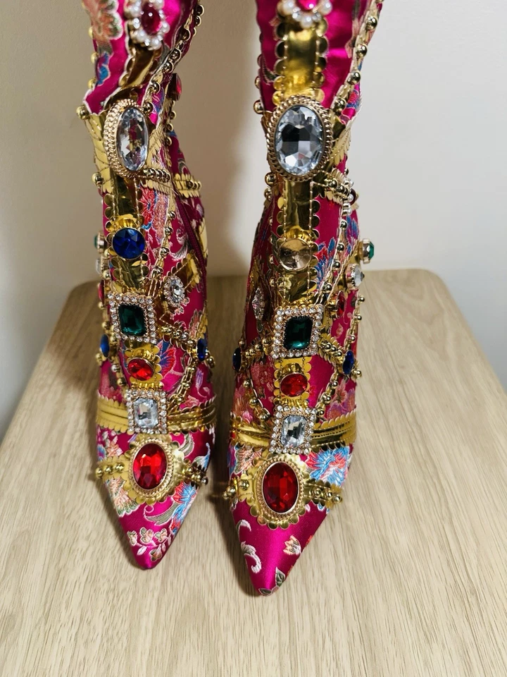 Botas altas Azalea Wang Caged Confident embellecidas satinadas stiletto nuevas sin caja talla 7 Foto 3 de 4