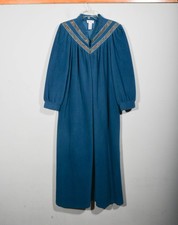 Vintage 1970s 80s Vanity Fair Teal Fleece Ribbon Long Housecoat Nightgown Sz M