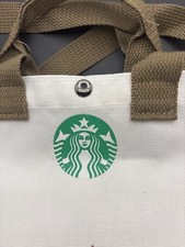 Starbucks Canvas Tote Bag 10x10 Cream Tan Straps Snap Closure Geometric Tree