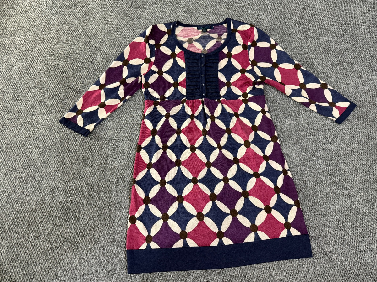 Boden dress womens 14 blue navy pink geometric long sleeve knit casual