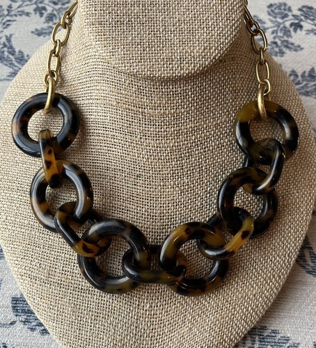 J Crew Signed Brown Tortoise Acetate Link Gold Chain Necklace - Picture 11 of 17