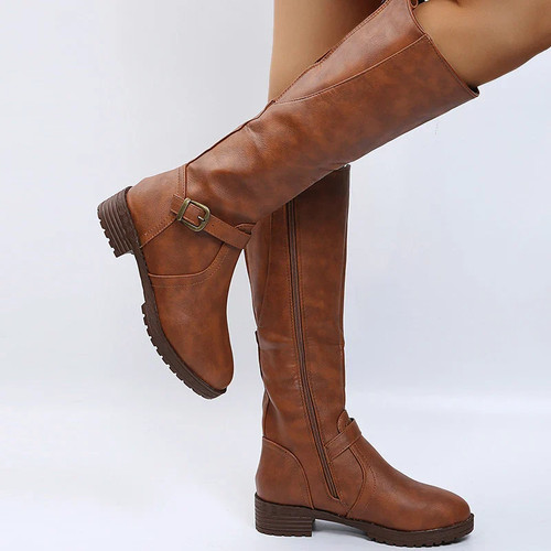 Vintage Brown Women Knee High Boots Big Size Low Heels Platform Long Boots - Picture 22 of 27