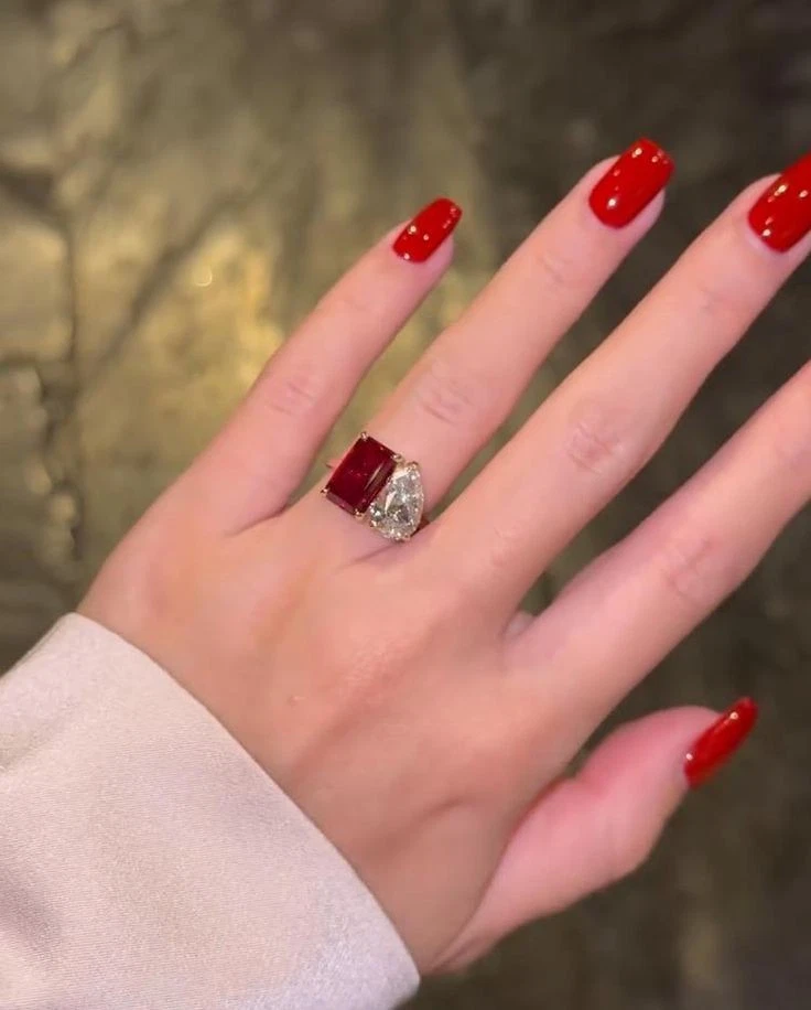 Luxury Red Emerald Cut Ruby Ring with Moissanite Pear Cut Women 14K Gold Plated - Image 4 of 4