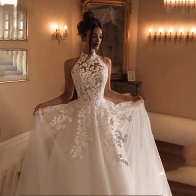 Halter Wedding Dresses Lace Appliques A-line Sleeveless Button Bridal Gown | eBay Halter Wedding Dresses Lace Appliques A-line Sleeveless Button Bridal Gown | eBay