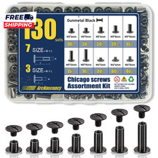 130 Sets Gunmetal Black Chicago Screws Leather Rivets Kit 7 Sizes