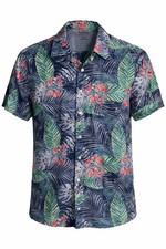 Izod Men  s Large Blue Floral Chambray Hawaiian Shirt Relaxed Cruise Vacation