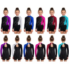Kids Girls Sets Long Sleeve Outfit Leotard Dancewear Dance Gymnastics Shiny