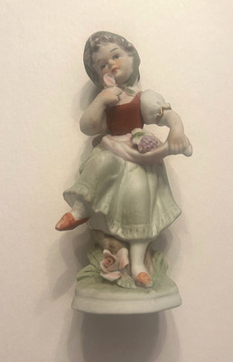 KATO KOGEI Japan Vintage Hand-Painted Porcelain Figurine *Girl w/Flowers & Fruit