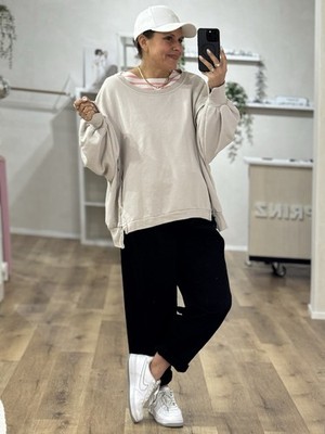 Lässiger Oversized Basic Sweater Beige Inside-Out-Stitching-Effekte Onesize (I5)