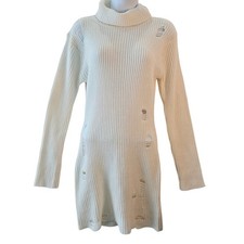 Distressed Ribbed Bodycon Sweater Dress Cream Turtleneck Long Sleeve Size Large