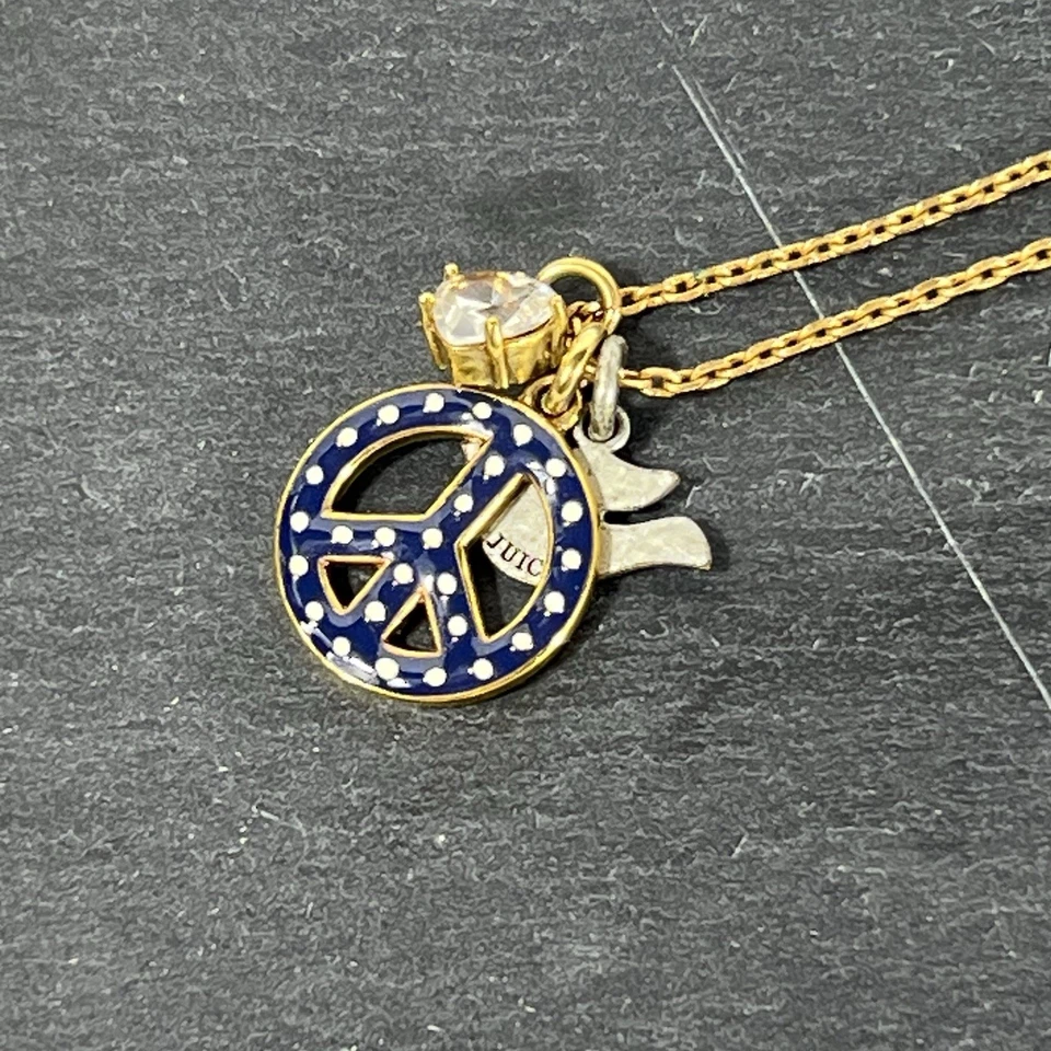 VTG Juicy Couture Y2K Safety Pin Peace Sign Necklace Dove Crystal Charms W/ Box - Image 4 of 4