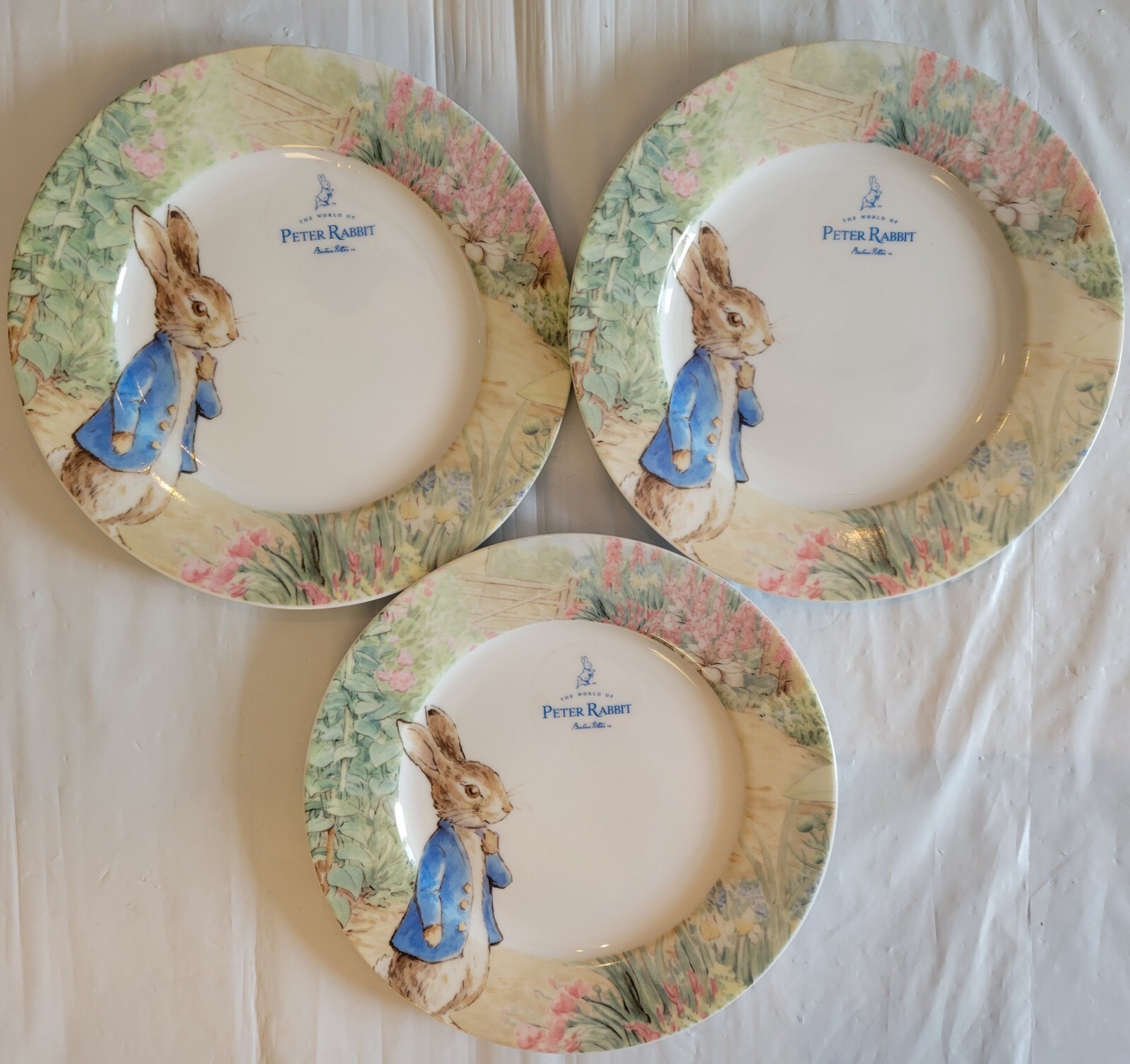 3x Zrike Brands PETER RABBIT Easter Meadow Bunny Ceramic Salad Plates - NEW 8”