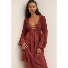 By Anthropologie Sheer Cover-Up Midi Dress Ruched Long Sleeve Resort M 276126