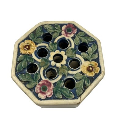 Antique Weller Ware Ceramic Florala 9 Hole Flower Frog Vase RARE 1920's FLAW