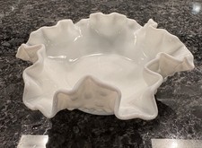Fenton White Hobnail /Hob Knob Ruffled Edge Candy Dish Vintage 5 1/2