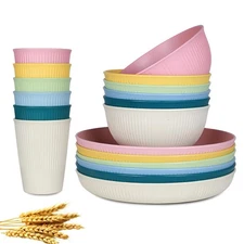 18pcs Wheat Straw Dinnerware Sets, Unbreakable dish Set Reusable Plates, Bowl...