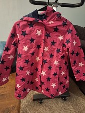 Girls L 10-12 Pink Star Pattern Hooded Mid-Length Rain Coat
