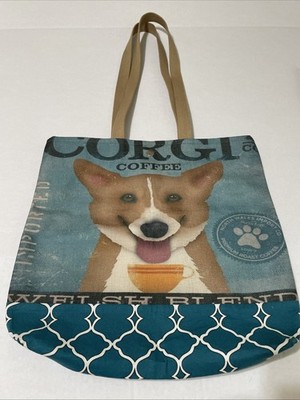 Corgi Coffee Fabric Tote Book Carryall Bag 16x16.5  EUC Royals Queen s Dog