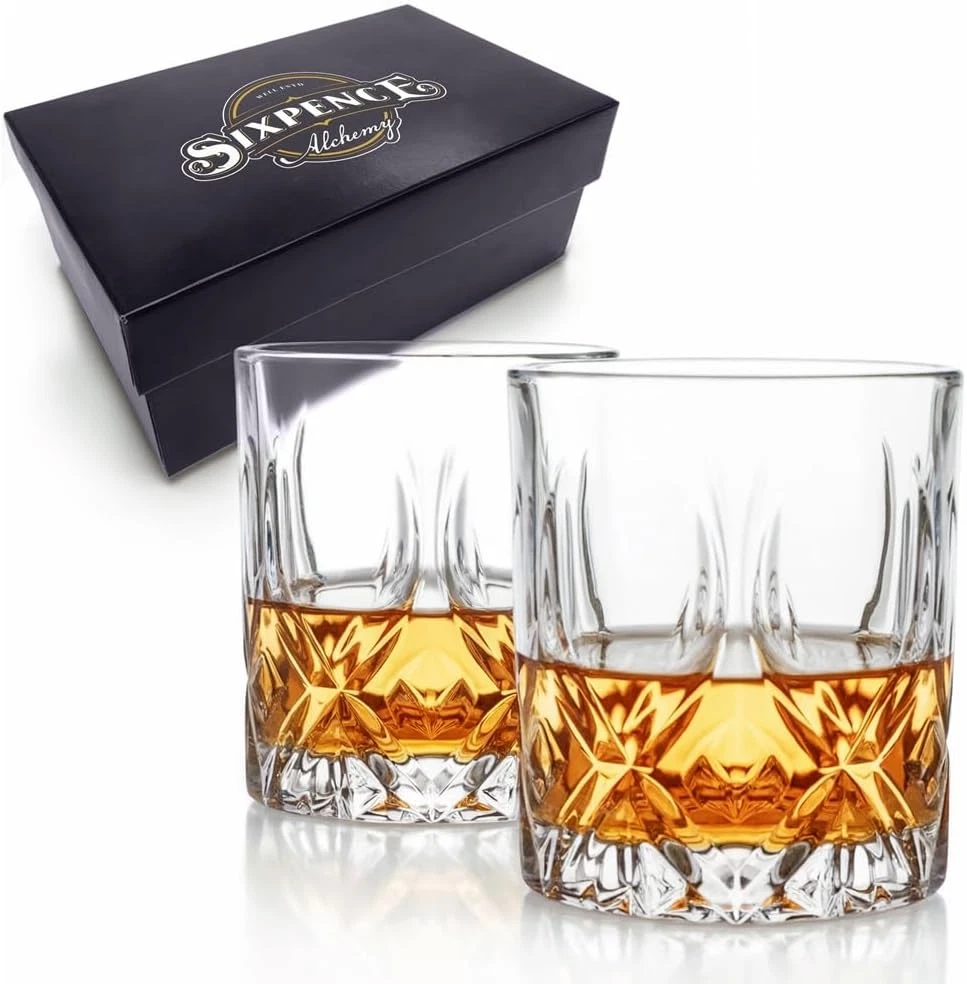 Crystal Whiskey Glasses | Set of 2 Lead-Free Hand-Cut Tumblers for Smoked Cockta