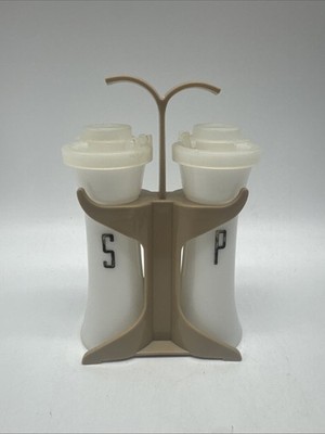 TUPPERWARE 4'' HOURGLASS SALT & PEPPER SHAKERS 831 W/  LIDS, GOLD LETTERS & STAND