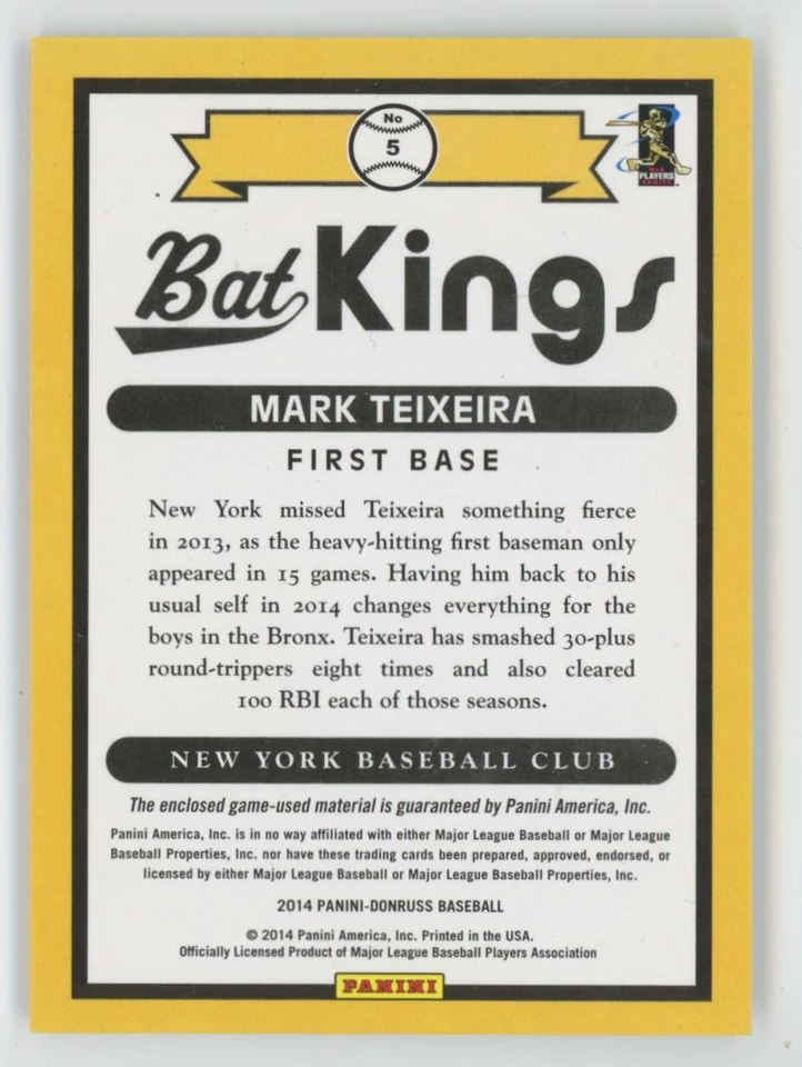 Mark Teixeira 2014 Donruss Bat Kings Bat Relic #5 New York Yankees - Image 2 of 2