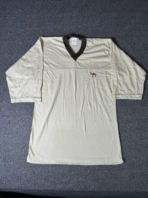 Camel Logo Shirt Mens Medium Beige Brown V Neck Embroidered Casual Short Sleeve