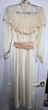 Vtg Romantic Victorian Dress S Cream Floral Lace Neck Ruffles Button Cuffs Belt