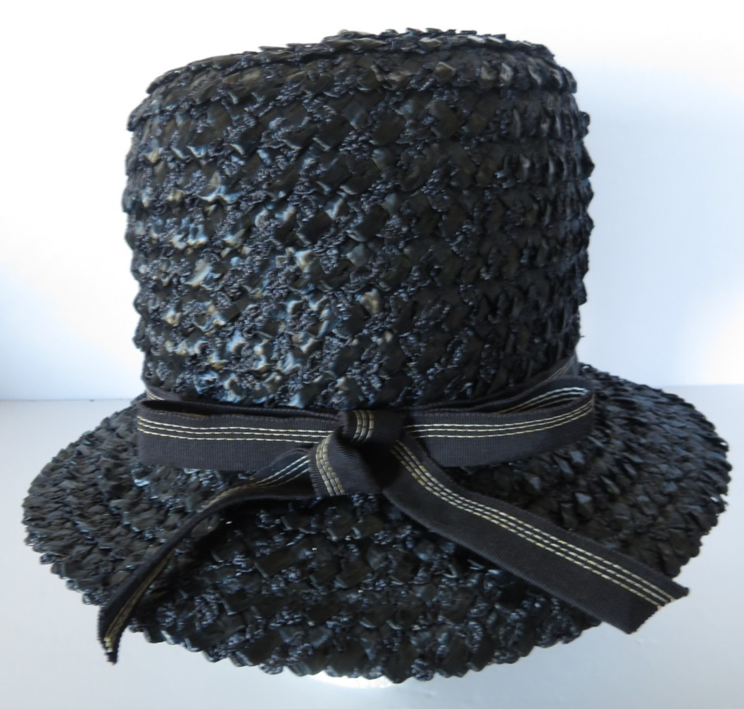 Vtg Straw Bowler Hat Union Made Navy Blue Grosgrain Ribbon  display picture 2