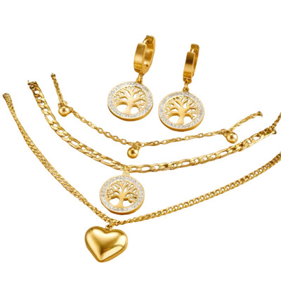 3 Stck. Lagenlook Gold Halskette Set Frauen Herz & Lebensbaum Anhänger & Ohr 704