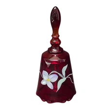 Fenton Art Ruby Red Floral Hand Painted Glass Bell Signed T. Watson  