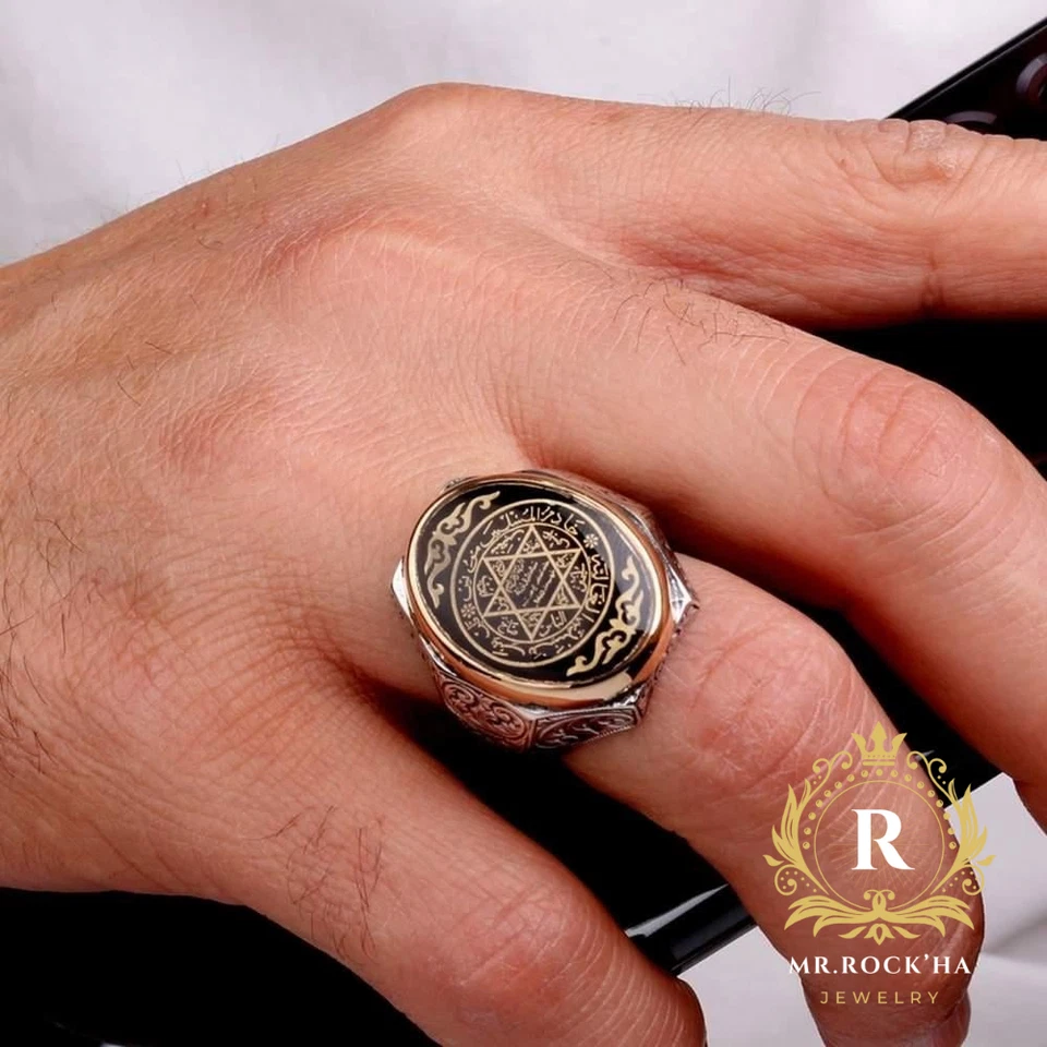 Seal of Solomon,Black Enamel,Wave Flower Engraved,925 Sterling Silver Men's Ring - Image 3 of 4