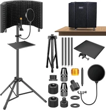 Microphone Isolation Shield with Pop Filter & Tripod Stand, Foldable Mic Shield 