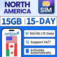 USA Canada Mexico SIM Card - 15GB High-Speed, 15 Day JetSim/Travel SIM