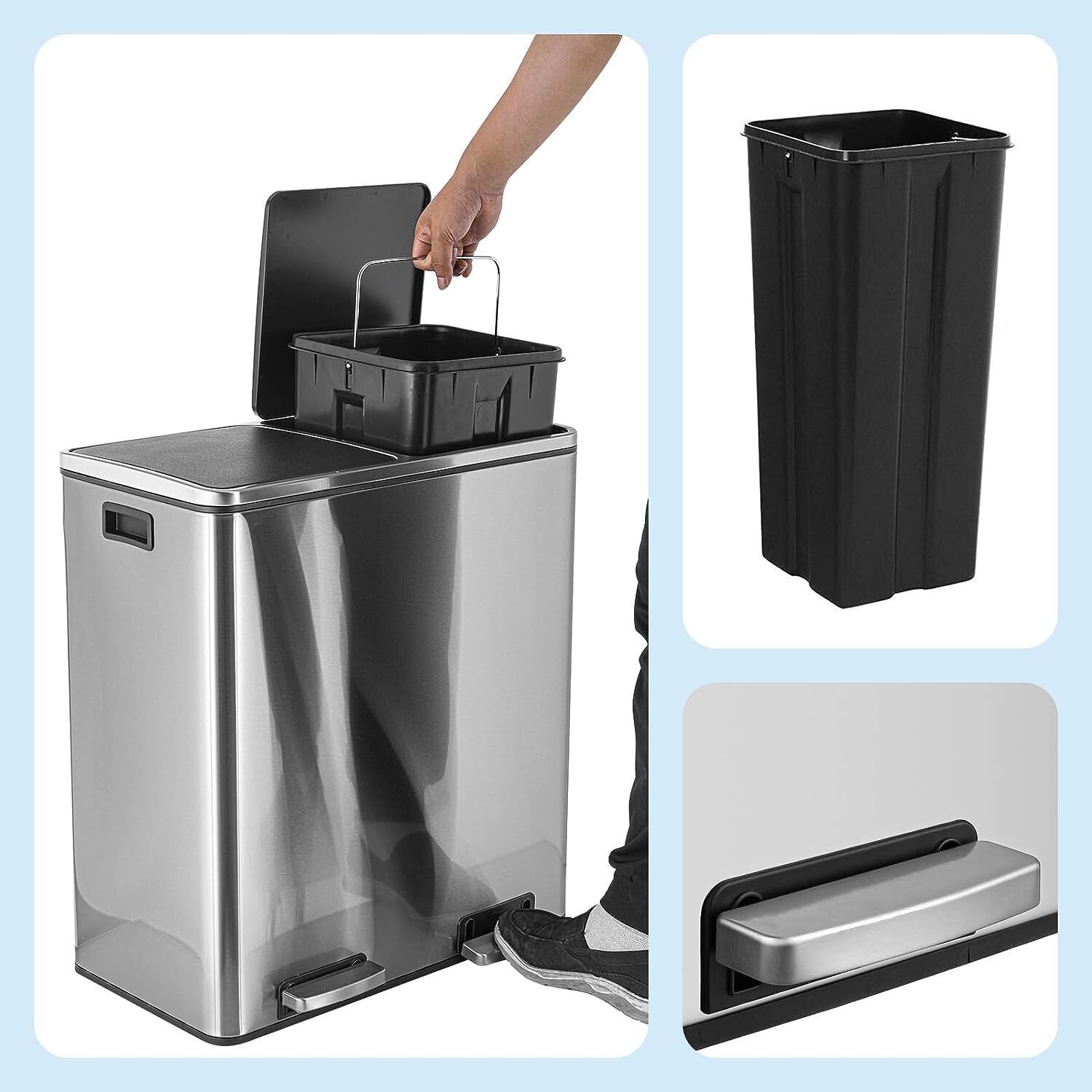 60L Stainless Steel Step On Trash Can Dual Compartment Recycle Dustbin
