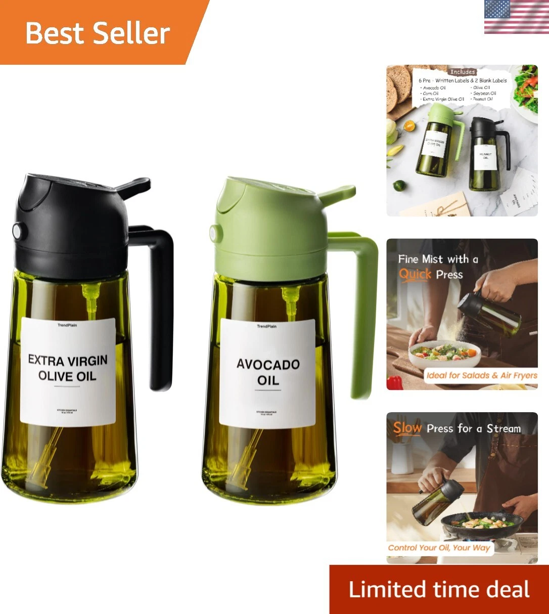 Light-Blocking Glass Olive Oil Dispenser and Spray Bottle - 470ml 2-Piece Set