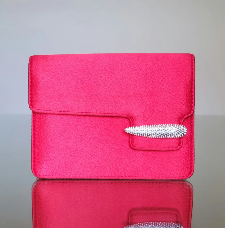 Swarovski Crystal Red Satin Evening Bag Purse Clutch Wallet Silver Hardware - Imagem 2 de 4