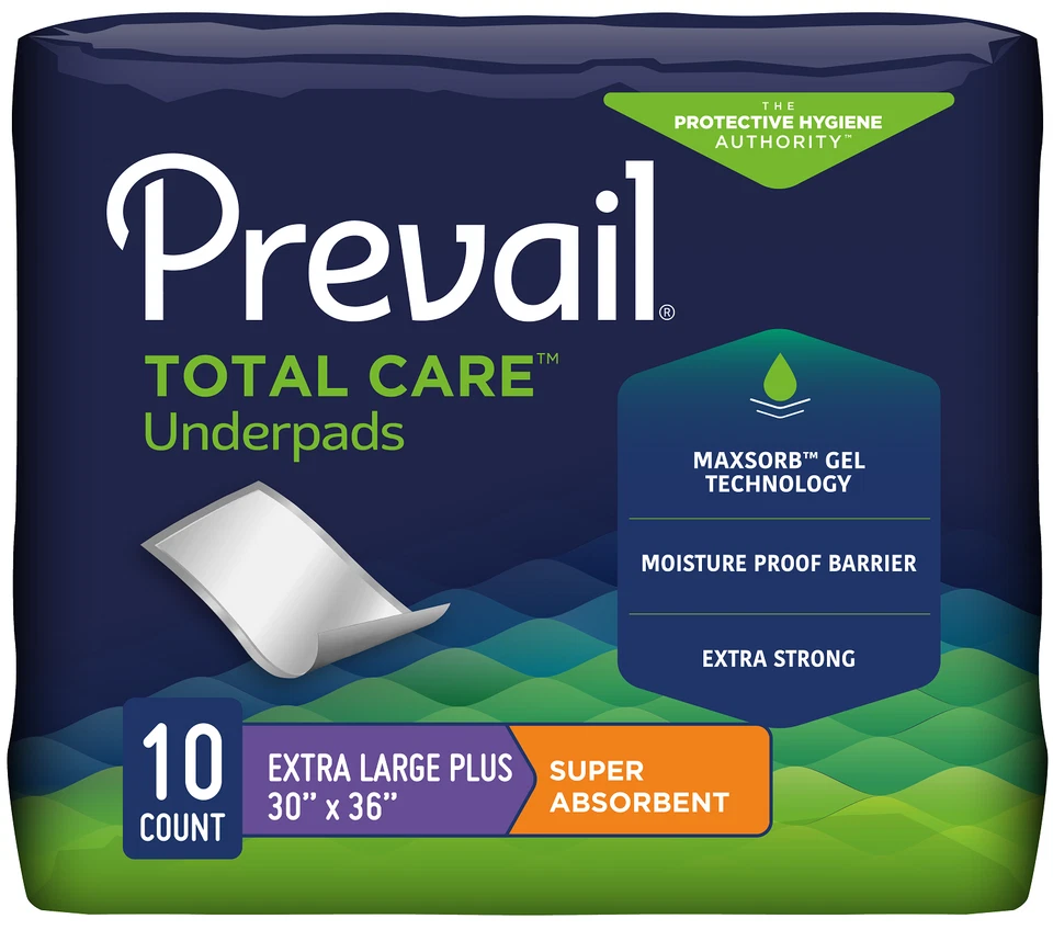 Prevail Total Care Underpad, 30 X 36 Inch Polymer Heavy Absorbency, Bag of 10