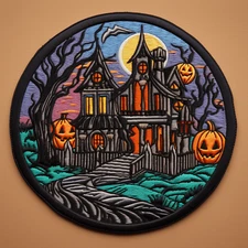 Haunted House Patch Iron-on Applique Clothing Halloween Badge Pumpkin Bats Scary