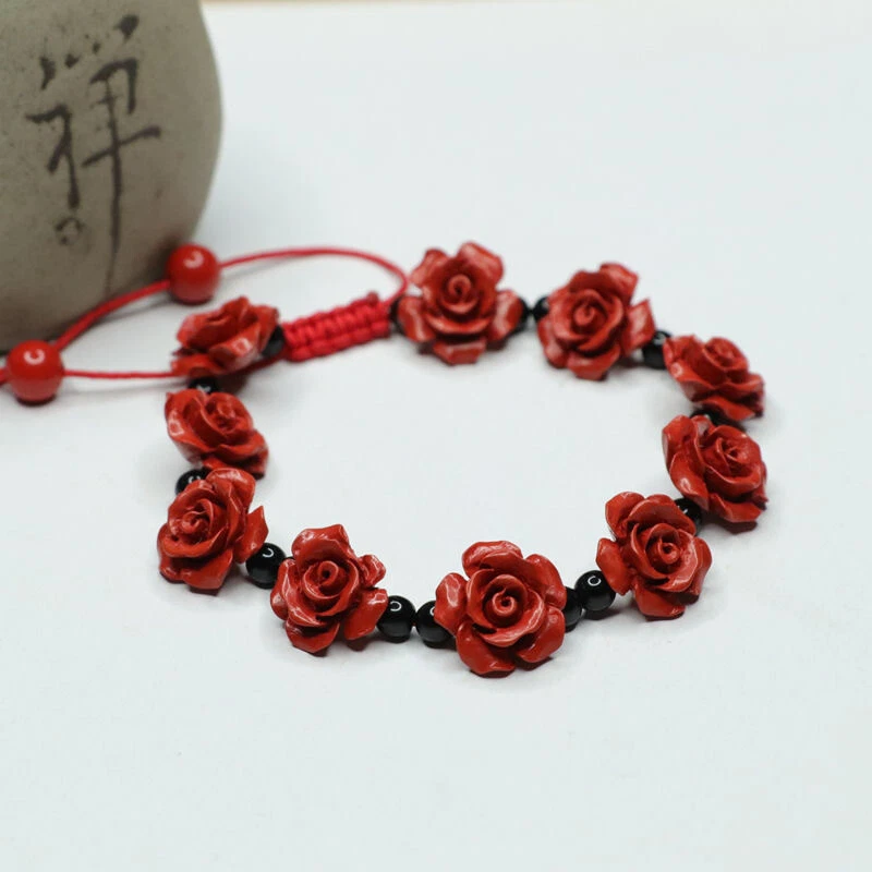 14mm braided adjustable synthetic coral carved rose flower bracelet 7