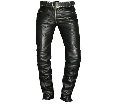 Men's 100% Real Lambskin Leather Black Motorbike Pants Jeans Bluf Biker Trousers