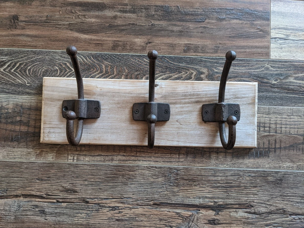 Industrial Look Coat Rack Three Natural Wood Metal Hooks Rustic Farmhouse
